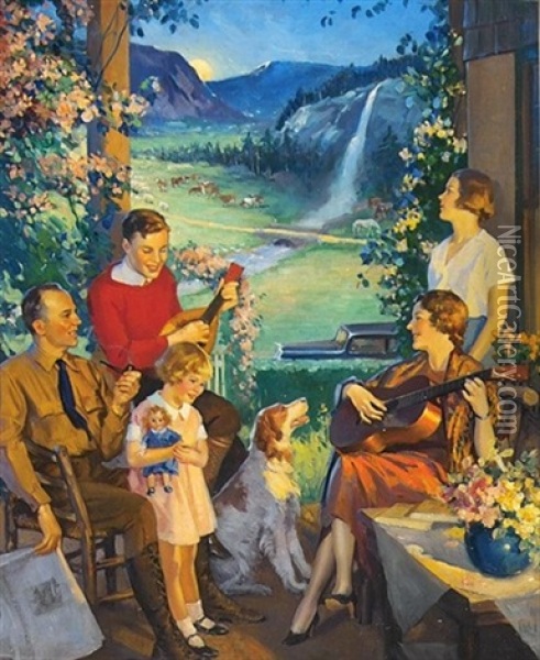 Family Relaxing On Porch Oil Painting - Charles M. Relyea