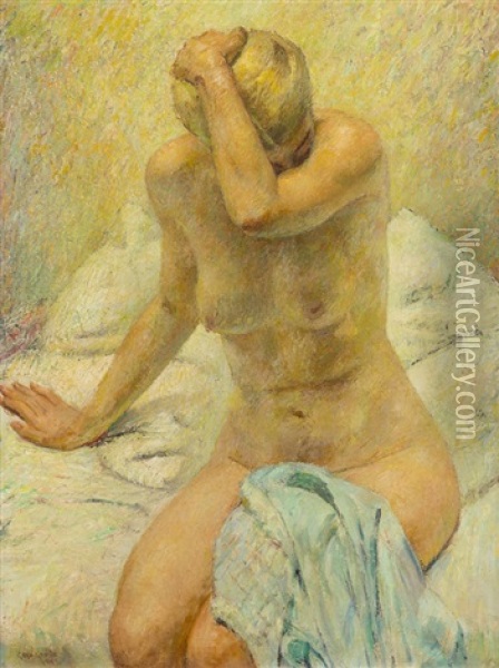 Nude On A Bed Oil Painting - Geza Kende