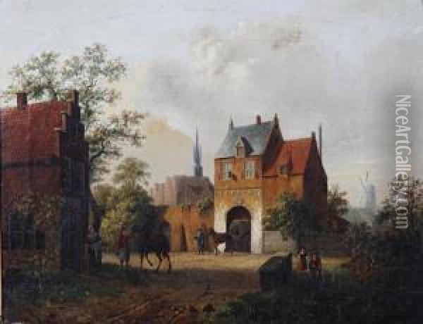 Horses At The Entrance Of A Town Oil Painting - Alexander Salomon Van Praag