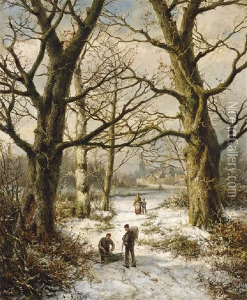 Figures On A Wintry Country Lane, A Village In The Distance Oil Painting - Hendrik Barend Koekkoek