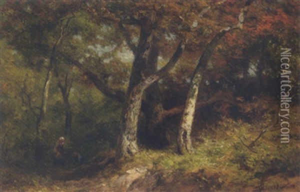 Gathering Wood In The Forest Oil Painting - Jan Willem Van Borselen