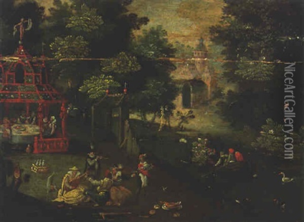 An Elegant Company In A Pavilion And A Garden By A Lake, A Castle Beyond Oil Painting - Abel Grimmer