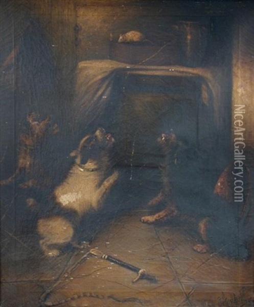 Terriers Ratting; And A Liver And White Spaniel Gazing At Game On A Stone Ledge (2 Works) Oil Painting - George Armfield