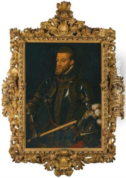 Portrait Of Philip Ii Of Spain (1527-1598), Wearing Armour Oil Painting - Antonis Mor Van Dashorst