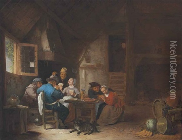 An Interior With Peasants Seated Around A Table Playing Cards Oil Painting - Hendrick Martensz Sorgh