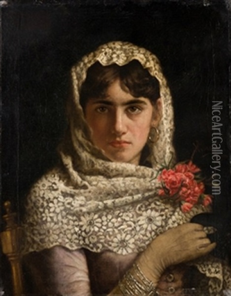 Retrato De Joven Con Mantilla Oil Painting - Jose Villegas y Cordero