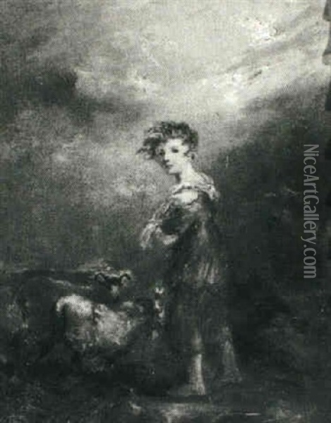 A Child With Two Sheep Standing In A Gale Wind Oil Painting - Thomas Gainsborough