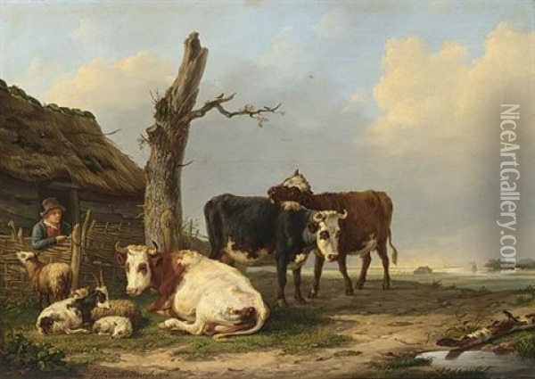 Cattle Near A Farm Oil Painting - Hendrik Adam van der Burgh