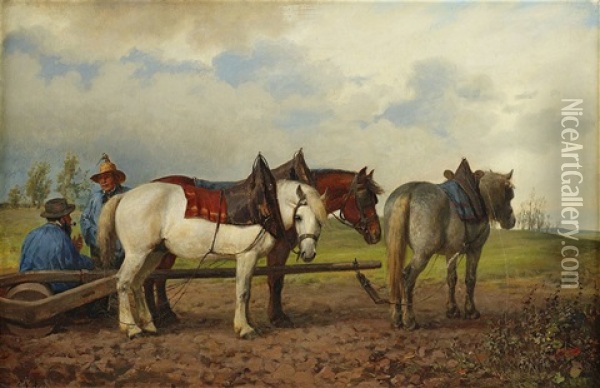 Horses On The Field Oil Painting - Peter Nicolai Arbo