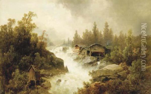 Cabins Along A River Of Rapids; And A Companion Painting Oil Painting - Josef Thoma