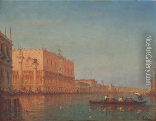 Gondole Et Voilier Devant Le Palais Des Doges, Venise Oil Painting - Charles Clement Calderon
