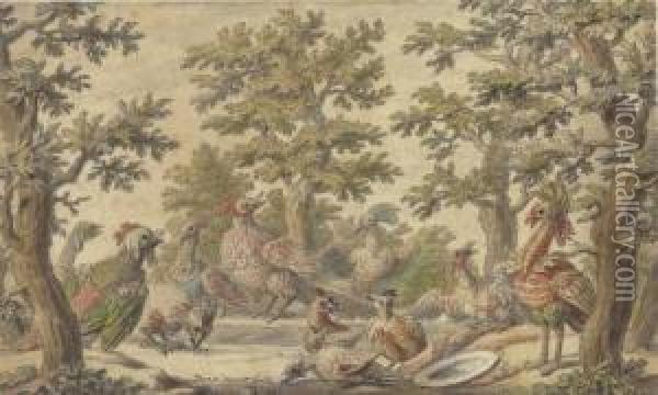 Fantastic Birds Frolicking In A Wooded Landscape Oil Painting - Daniel the Elder Marot