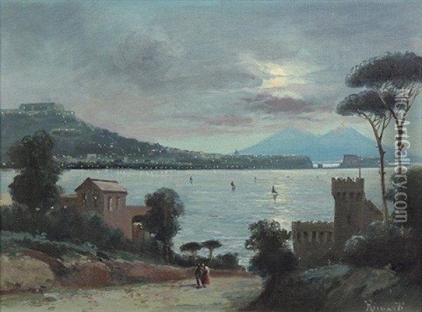 Scenes From Naples With Mt. Vesuvius In The Distance (2 Works) Oil Painting - Oscar Ricciardi