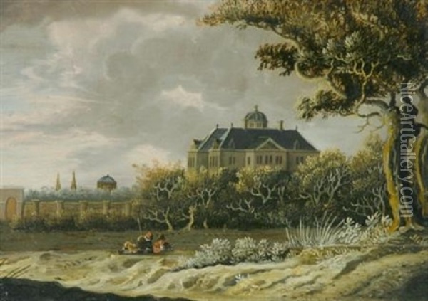 Two Figures Outside A Grand Mansion And Walled Garden Oil Painting - Anthony Jansz van der Croos