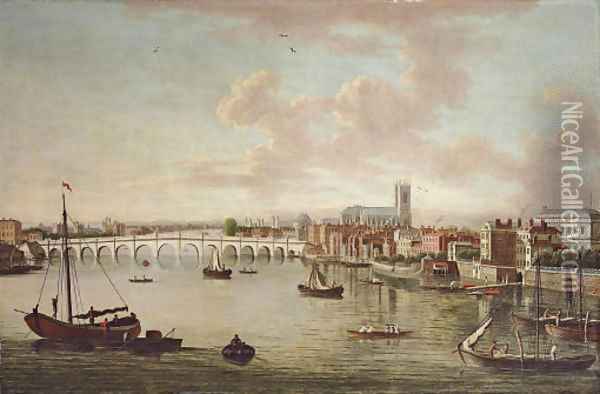 A view of Westminster Bridge with neighbouring houses Oil Painting - Engish School