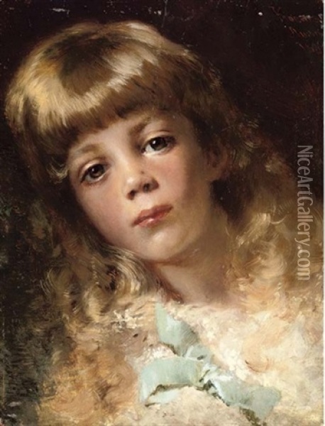 Portrait Of A Young Girl Wearing A Blue Ribbon Oil Painting - Konstantin Egorovich Makovsky