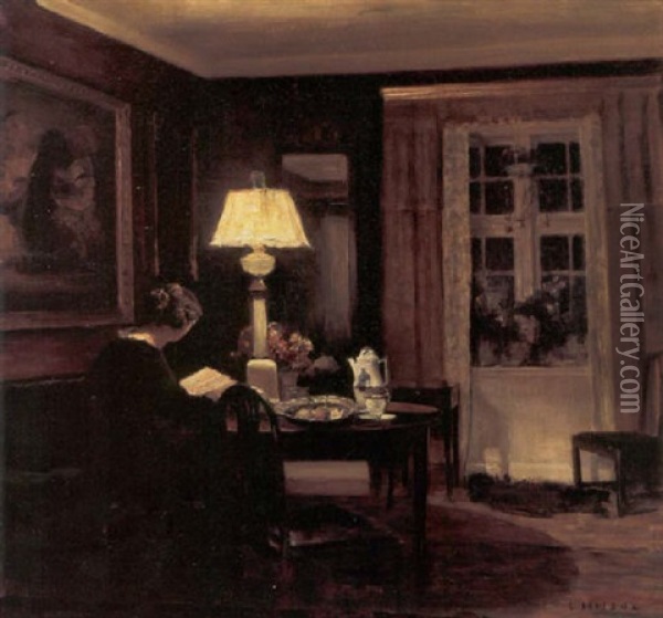Interior Med Laesende Kvinde Ved Et Bord, Aftenstimning Oil Painting - Carl Vilhelm Holsoe