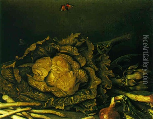 Still Life Of Cabbage, Artichokes, Asparagus And Onions, With A Butterfly And Dragonfly Oil Painting - Jacob Samuel Beck