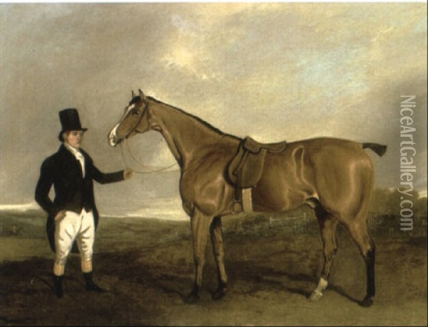 A Gentleman Holding A Hunter In An Extensive Landscape Oil Painting - Edwin Cooper