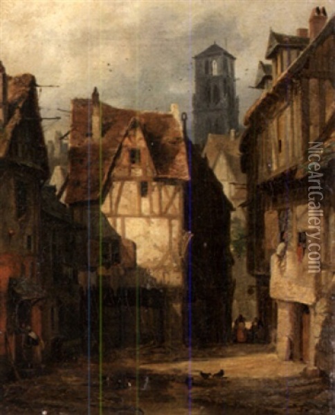 Ansicht Einer Franzosischen Stadt Mit Fachwerkhausern Oil Painting - Hippolyte Jean Baptiste Garneray
