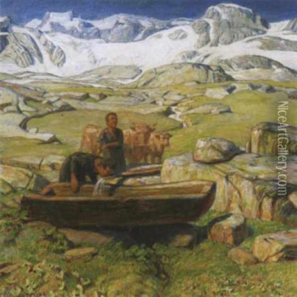An Der Viehtranke Oil Painting - Erich Erler-Samedan