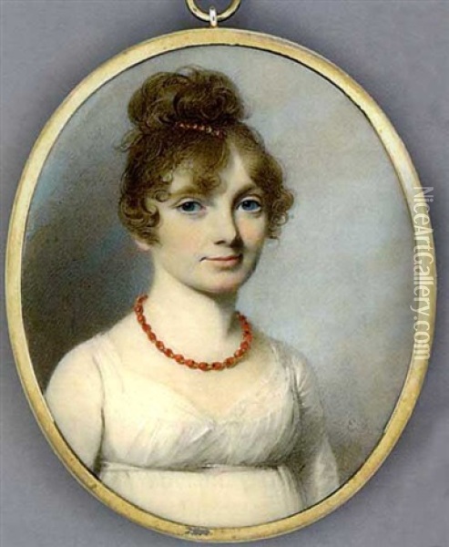 Helen Malcolm, In White Dress, Cabouchon Set Ruby And Gold Necklace And Matching Hairslide In Her Upswept Curling Brown Hair Oil Painting - George Engleheart