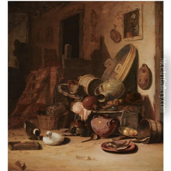 A Still Life Of Earthenware Pots, Barrels, Baskets, Jugs, An Earthenware Plate With Fish, Together With Ducks, In A Barn Oil Painting - Hendrik Hendricksz Bogaert