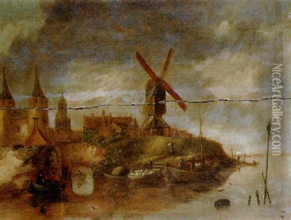A Fortified Town On A River With Fishermen In Rowing Boats Unloading The Catch Near A Landing Stage Oil Painting - Nicolaes Molenaer