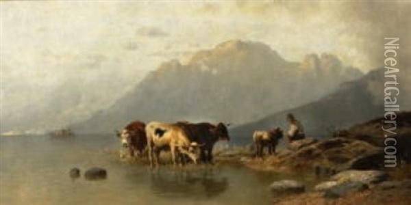 Hirte Mit Kuhen Am Ufer Eines Gebirgssees Oil Painting - Christian Friedrich Mali
