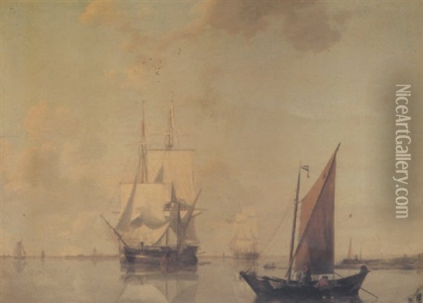 Merchant Ships Moored In An Estuary With Fishermen In The Foreground Oil Painting - William Anderson