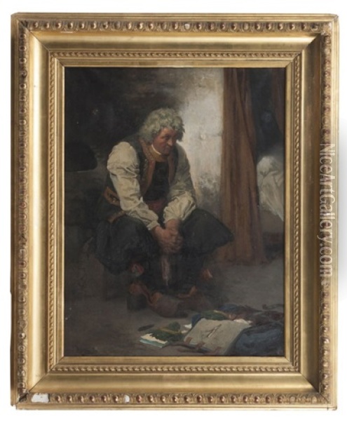 Paysan Breton Pleurant Sur Le Sac De Son Fils Mort A L'armee Oil Painting - Auguste Bachelin