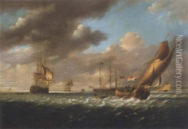 An English Man Of War, A Dutch Barge And Other Shipping Vessels Of The Coast In A Light Breeze Oil Painting - Charles Martin Powell