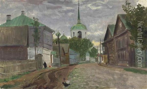 A Street In Staraya Russa Oil Painting - Boris Mikhailovich Kustodiev