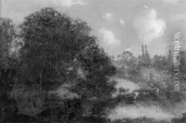 Flusslandschaft Mit Kuhhirtin In Einer Fahre Oil Painting - Jules Dupre