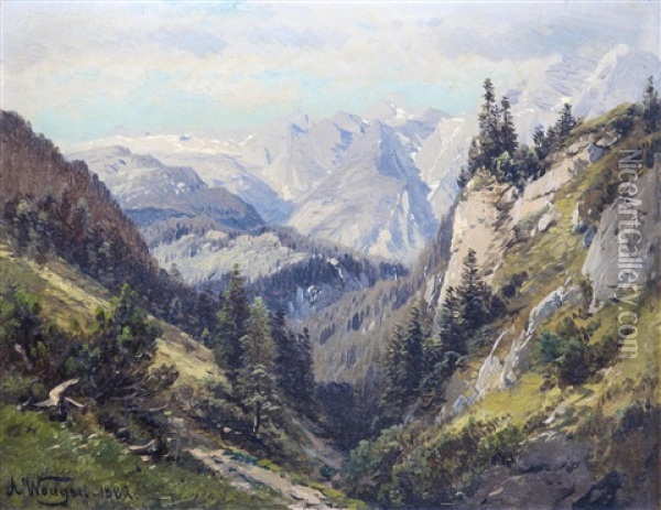 Holzbrucke In Waldlichtung Mit Blick Auf Das Hochbrett In Berchtesgaden (+ Blick Uber Die Berchtesgadener Alpen Von Der Konigsbergalpe Richtung Hundstod; 2 Works) Oil Painting - Adalbert Waagen