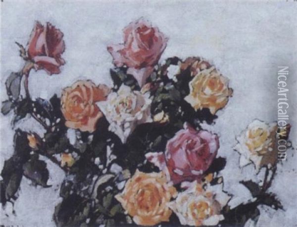 Still Life Of White Roses Oil Painting - Robert Gwelo Goodman