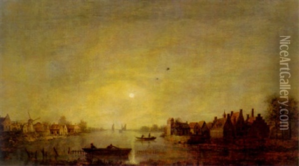Moonlight Over Village Canal Oil Painting - Aert van der Neer