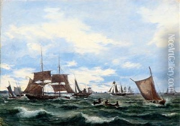 Ships On The Sound (oresund) Oil Painting - Daniel Hermann Anton Melbye