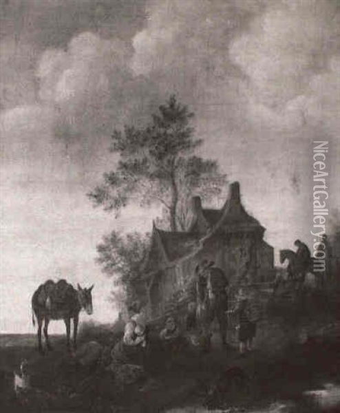 Villageois Et Cavaliers Devant Une Ferme Oil Painting - Isaac Van Ostade