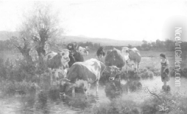 Kuhhirtin Mit Ihrer Herde An Einem Wasserloch Oil Painting - Adolf Ernst Meissner