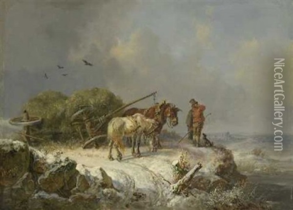Der Umgesturzte Heuwagen Im Winter Oil Painting - Heinrich Buerkel
