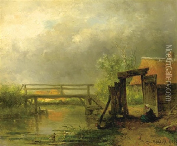 After The Rain: A Footbridge Across A Ditch Oil Painting - Willem Roelofs