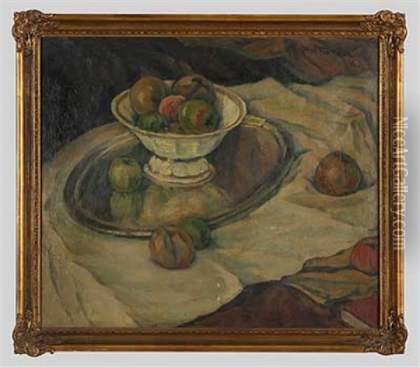 Stillleben Mit Silber, Porzellan Und Apfeln (+ Parklandschaft, Verso) Oil Painting - Johann Walter-Kurau