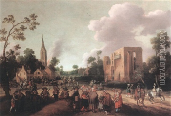 Soldiers Pillaging A Country Village, A Church In Flames In The Distance Oil Painting - Joost Cornelisz. Droochsloot