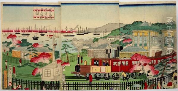 Running Steam Locomotive In Yokohama Oil Painting - Utagawa Kunimasa