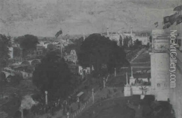 The Australia Pavilion Looking Towards The India Pavilion,  The British Empire Exhibition, Wembley Oil Painting - James Fraser Scott