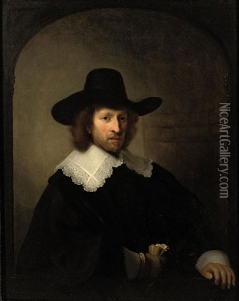 Portrait Of Nicolaes Bambeeck In A Black Costume With Lace Collar And Cuffs And A Black Hat, Holding Gloves In His Hand Oil Painting -  Rembrandt van Rijn