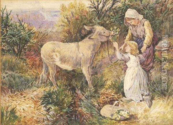 Two Younggirls With A Donkey. Oil Painting - Myles Birket Foster