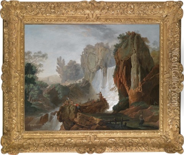 Eine Landschaft Mit Figuren Am Wasserfall Oil Painting - Francois Boher