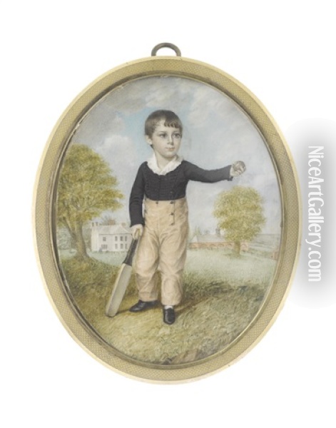 A Young Boy, Standing Before A House And Stables, Wearing Black Shoes, Buff Breeches, Dark Blue Jacket And White Collar With Frilled Edge, His Cricket Bat In His Right Hand Oil Painting - Walter Stephens Lethbridge